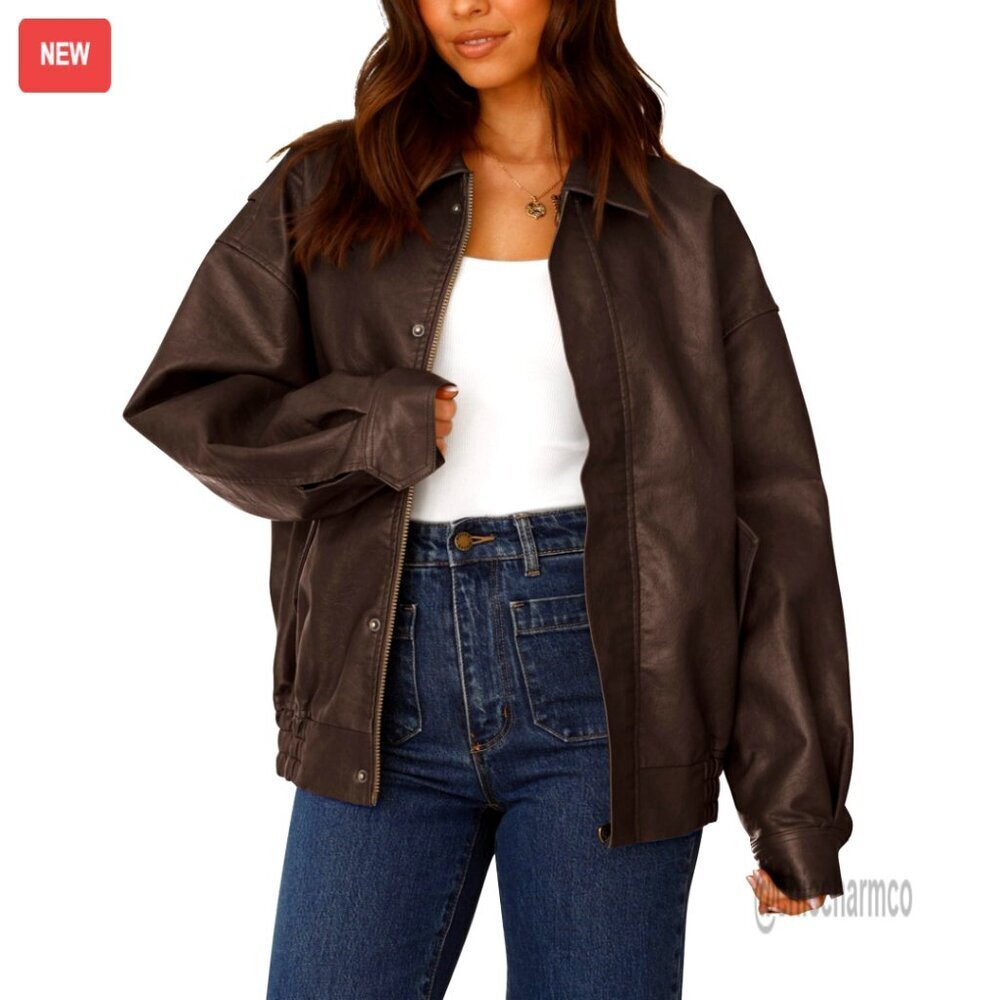 Faux Leather Motorcycle Jacket Oversized Zip Up Winter Coat Women's Outerwear